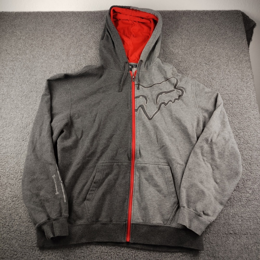 Fox Racing Two Tone Split Zip Up Hoodie Gray Red Logo Mens 2XL XXL Baggy Y2K